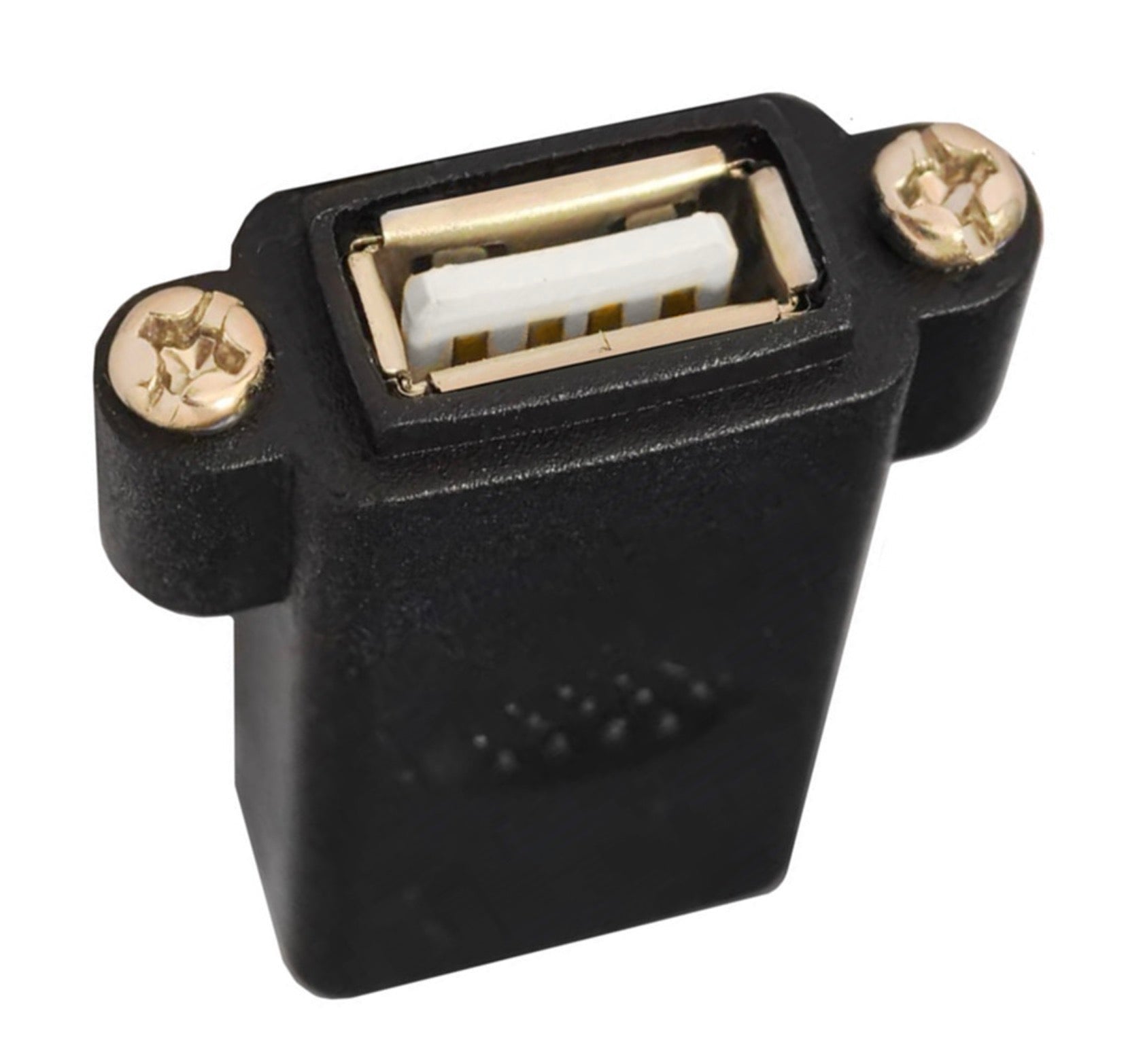 Black electrical connector with gold contacts on a white background