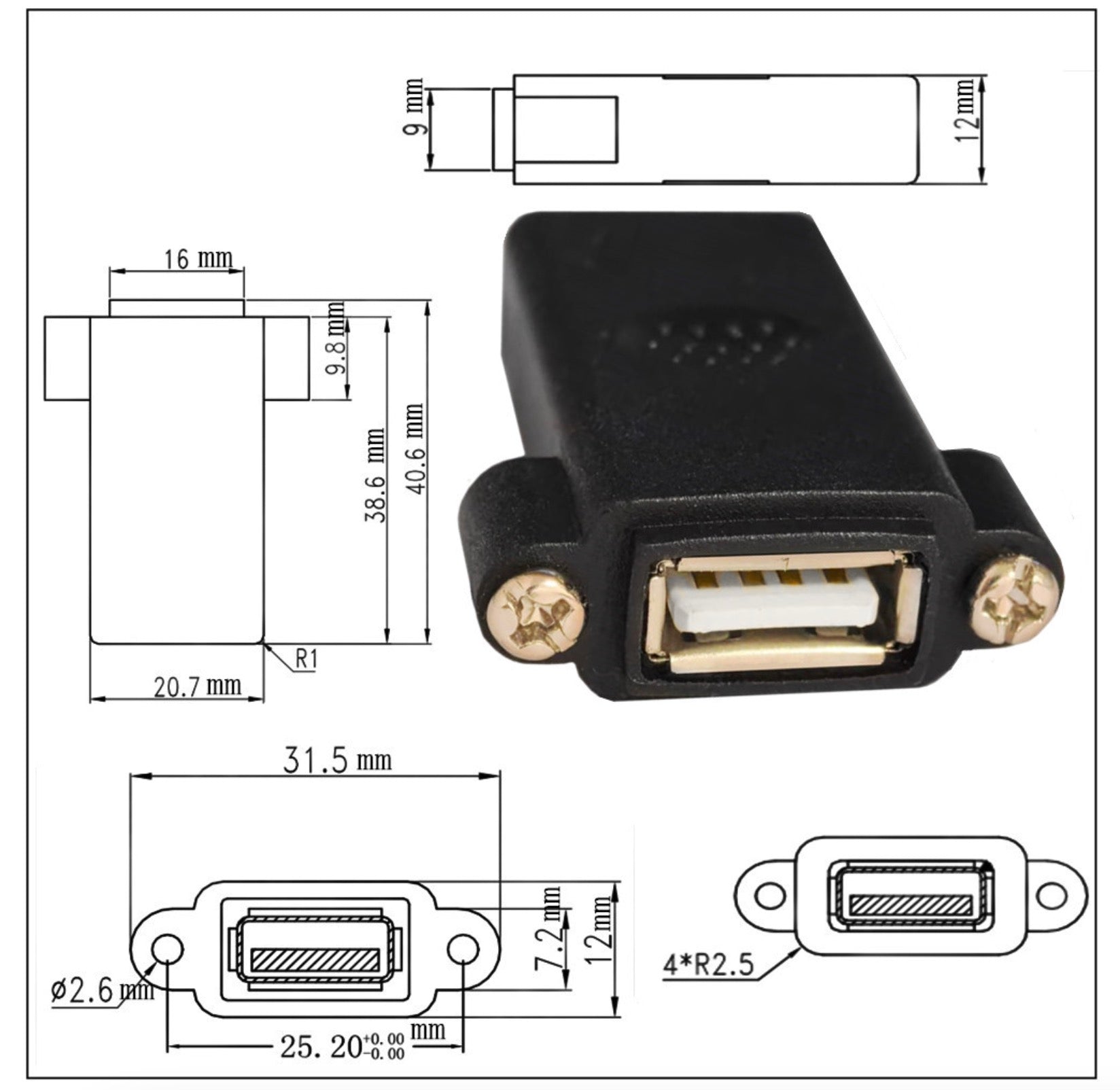 Black USB adapter with detailed measurements and diagrams.