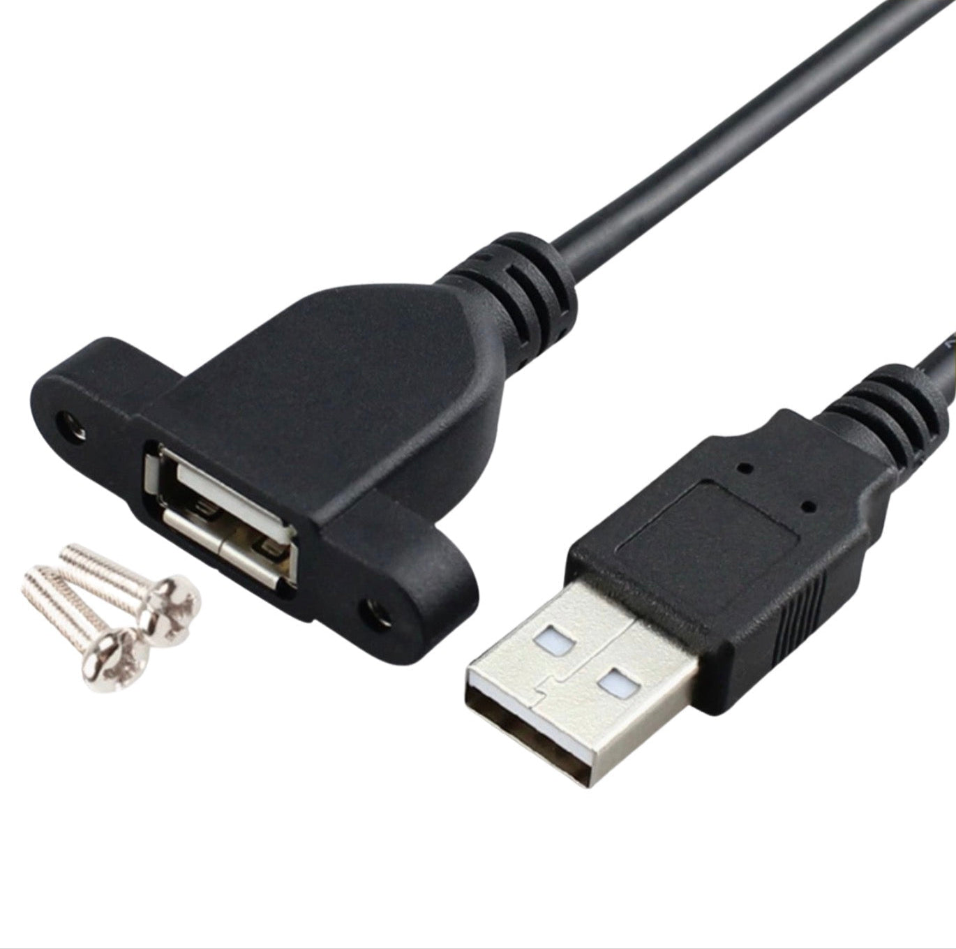 A black USB 2.0 A Male to Female Panel Mount Cable with a USB connector on one end and a panel mount cable with two screws on the other.