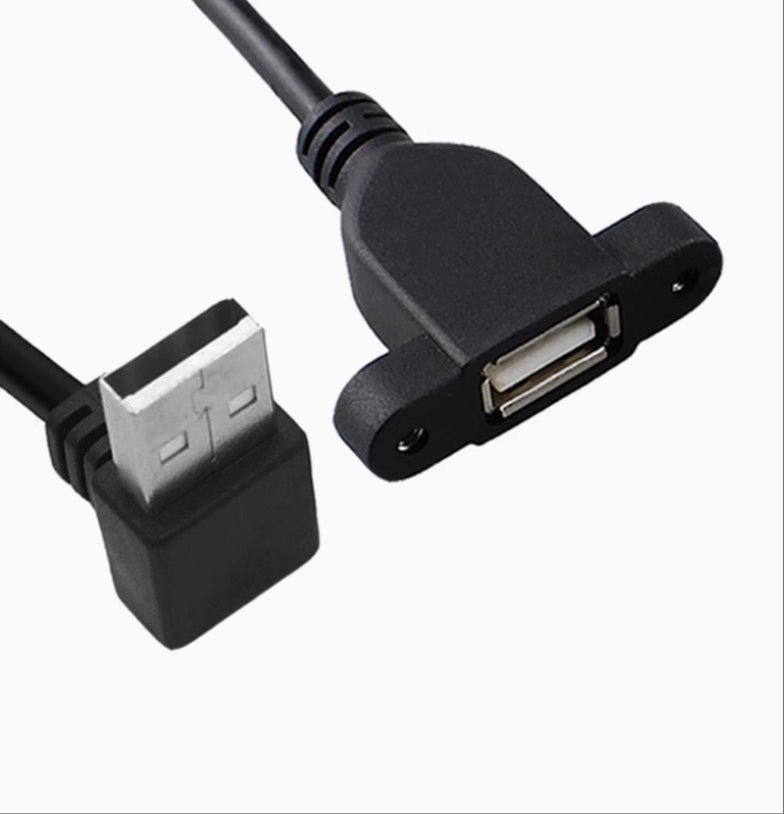 A black USB 2.0 A Male to Female Panel Mount Cable with a USB connector on one end and a panel mount cable with two screws on the other.