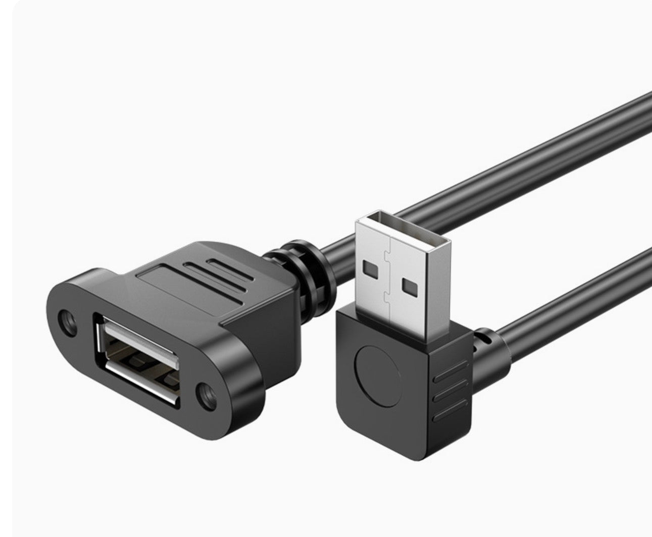 A black USB 2.0 Type A Male to Female Panel Mount Cable with an angled connector on one end and a rectangular inverter module on the other.