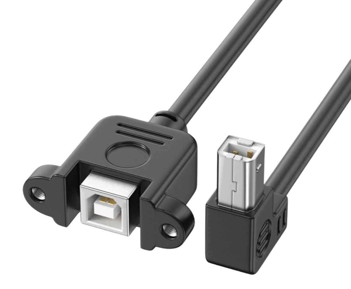 A black USB 2.0 Type B panel mountable extension cable with a male connector on one end and a female connector on the other, designed for professional applications.