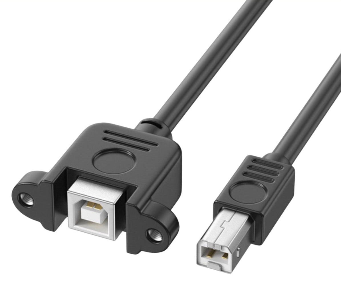 A black USB 2.0 Type B male to female panel mount cable.