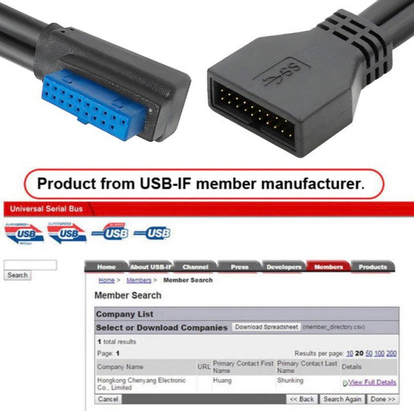 Two computer cables with connectors, one blue and one black, on a USB-IF member manufacturer background.