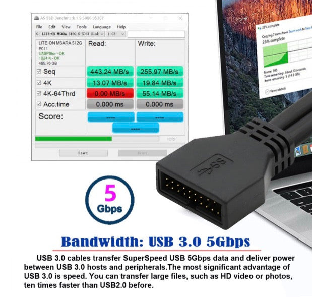 USB 3.0 cable with benchmarking software on a computer screen displaying high transfer speeds.