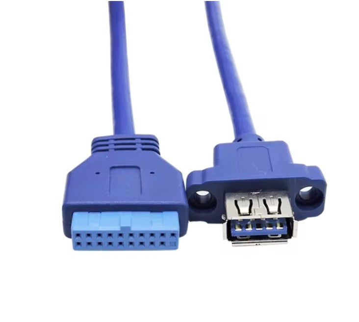 A blue USB 3.0 20-pin header female to USB 3.0 type-A female panel mount cable with screw holes on one side.