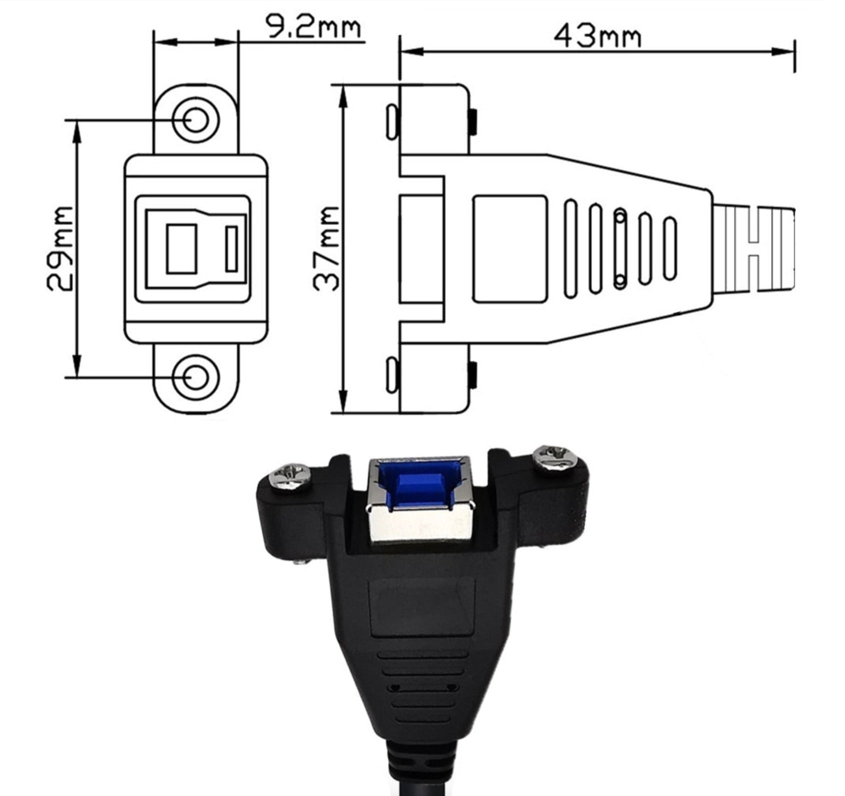 Technical drawing of a USB connector with dimensions labeled