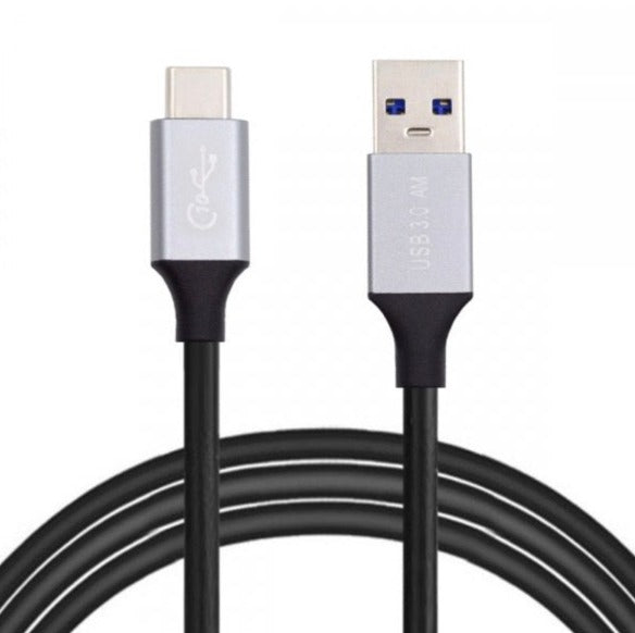 A black USB 3.0 Type A to USB C 3.1 data charging cable with an alloy-shell and reversible plug orientation.