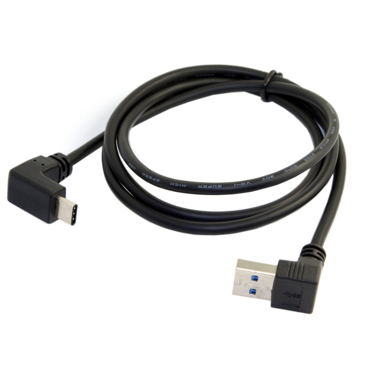 A black USB 3.0 A male to USB C angled male cable, coiled and laid out on a white background.