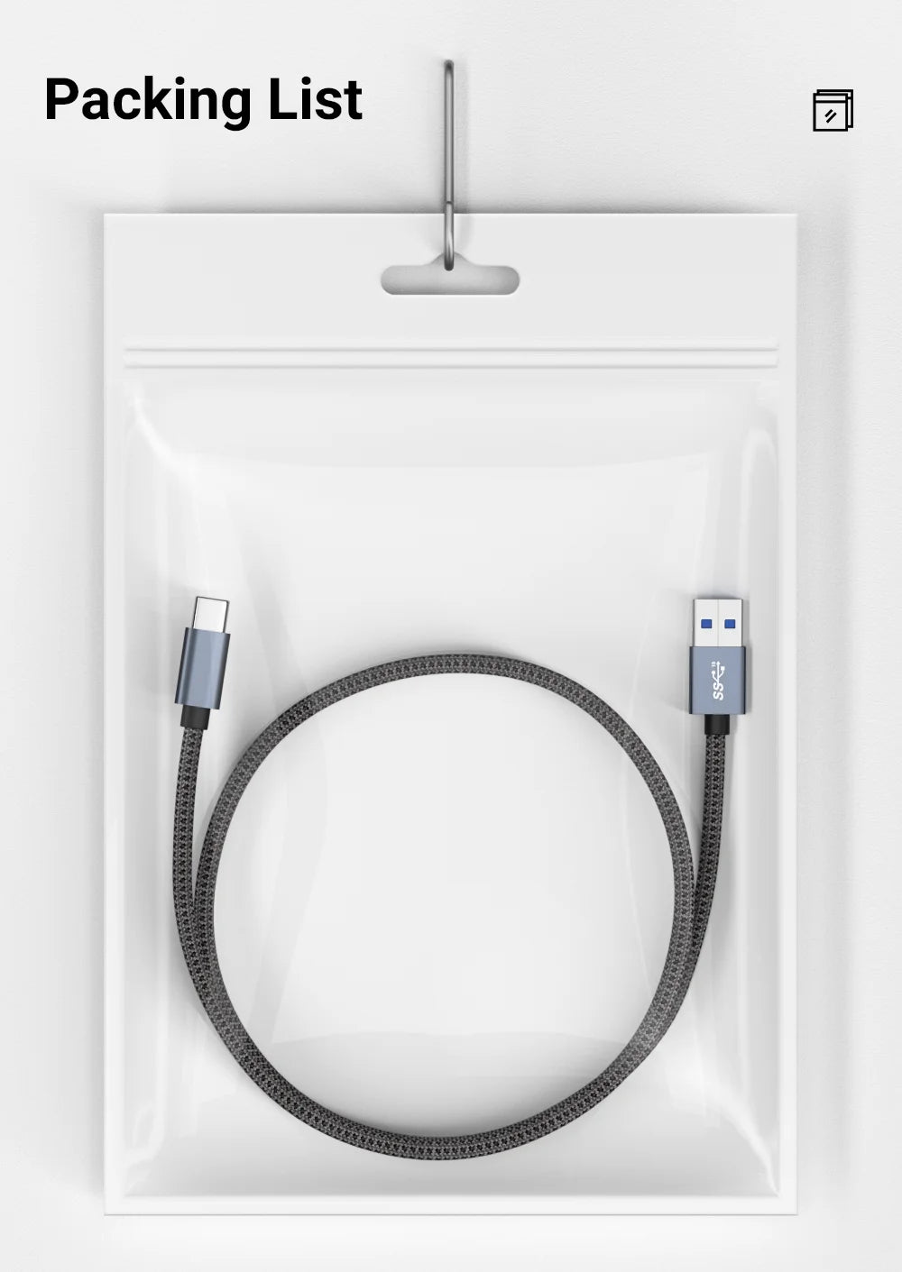 USB 3.0 A to C fast charging cable with braided nylon jacket in package