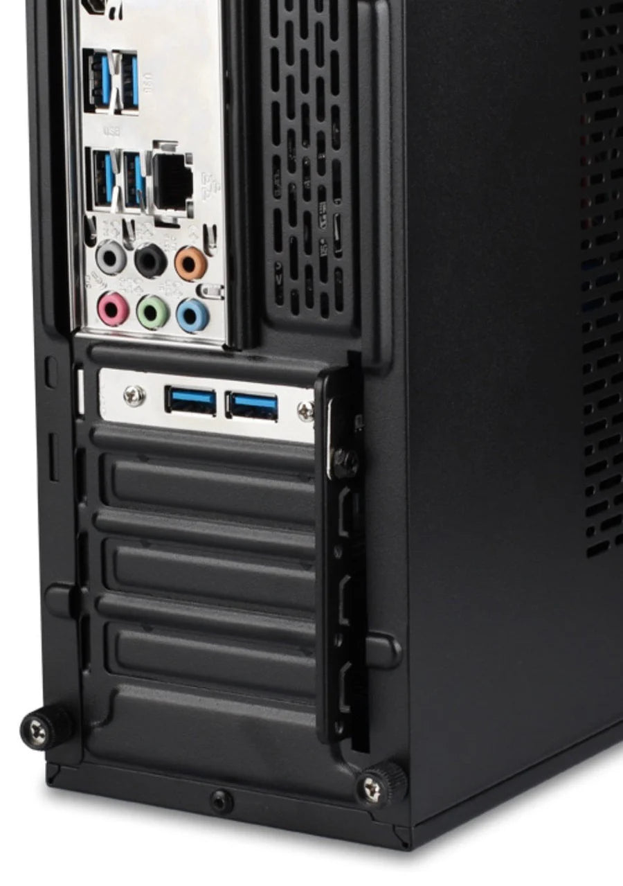 Side view of a black computer case with ports and drives.