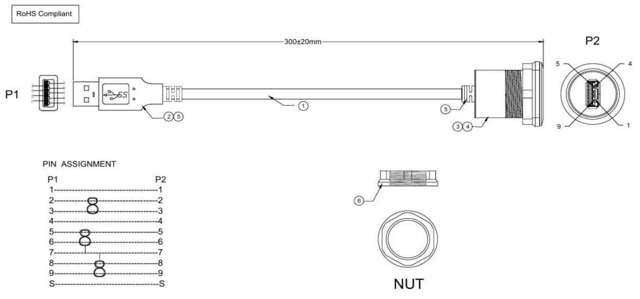 Technical diagram of a wiring harness with pin assignment and component details.