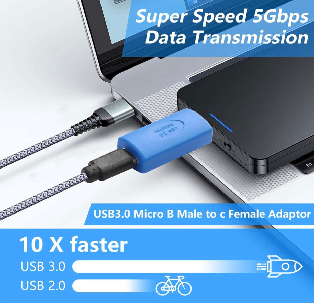 USB 3.0 Micro-B male to USB-C female adapter for external hard drive data transfer