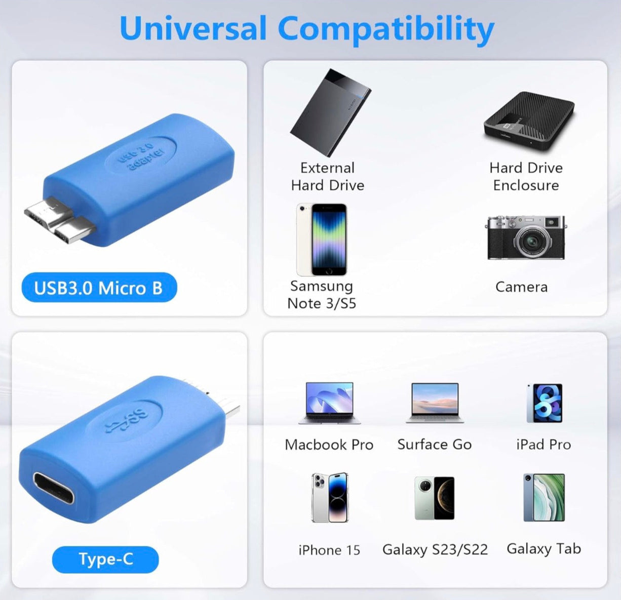 USB 3.0 Micro-B male to USB-C female adapter for external hard drive data transfer