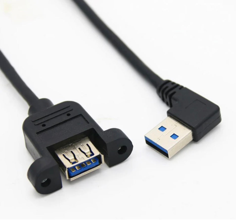 USB extension cable with angled connector on a white background