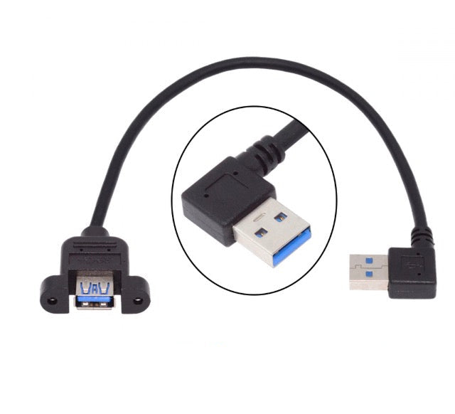USB 3.0 panel mount cable with USB-A male to USB-A female extension connector and M3 mounting screws, left-angle
