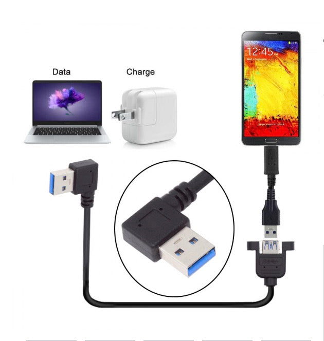 USB cable with connectors for data and charging, shown with a laptop, wall adapter, and smartphone.