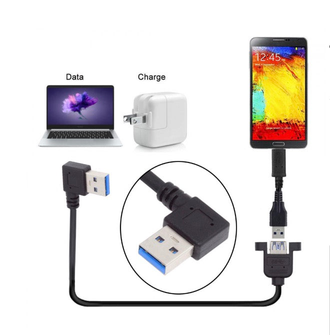 USB cable with connectors for laptop, phone, and adapter on a white background