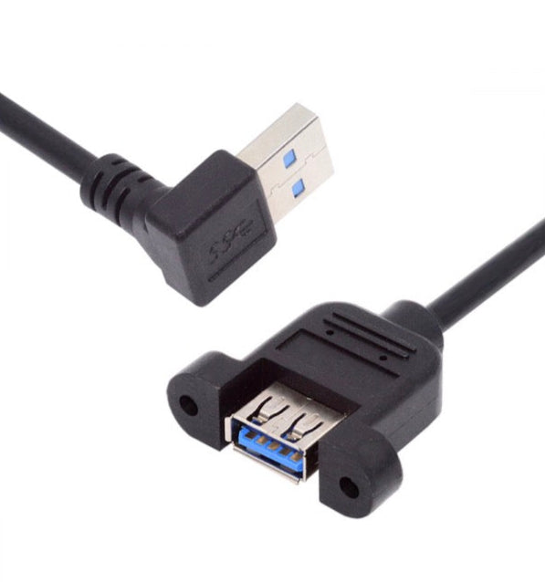 USB 3.0 panel mount cable with USB-A male to USB-A female extension connector and M3 mounting screws, up-angle
