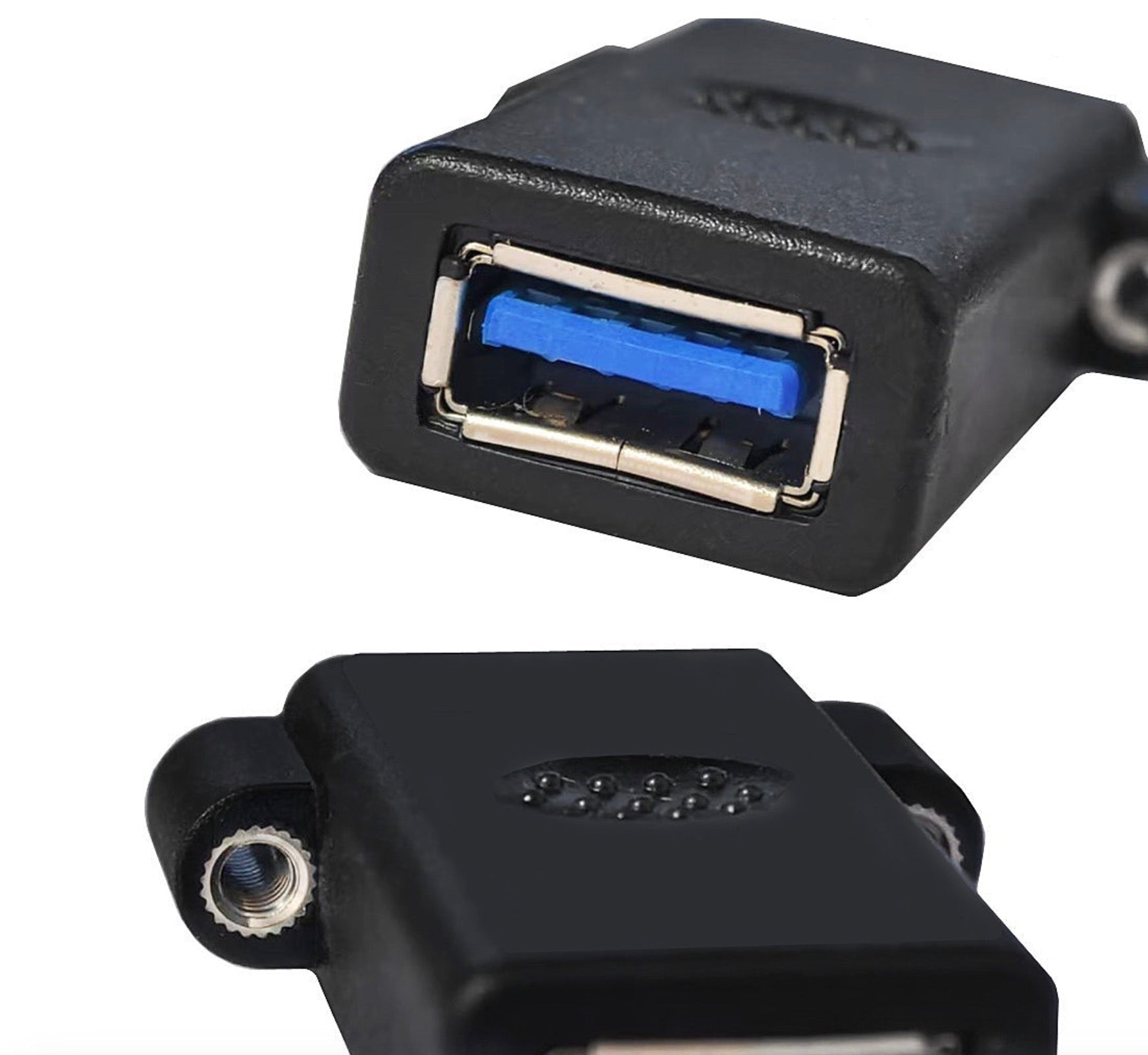 Close-up of a USB connector with a focus on the blue contact area.