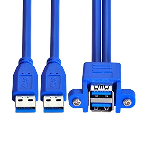USB 3.0 stackable dual port panel mount cable with USB-A male to dual USB-A female extension connectors supporting 5Gbps
