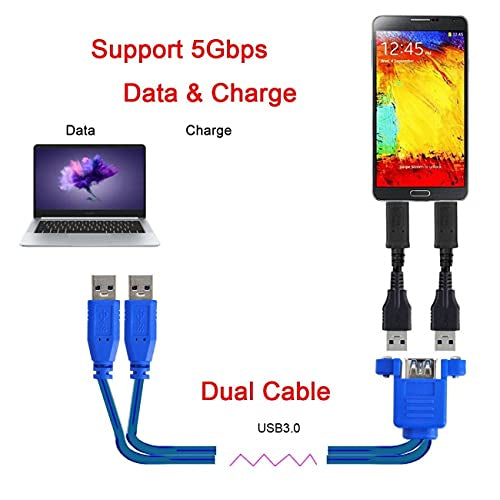 Dual USB cable with smartphone and laptop illustration, highlighting data and charging capabilities.