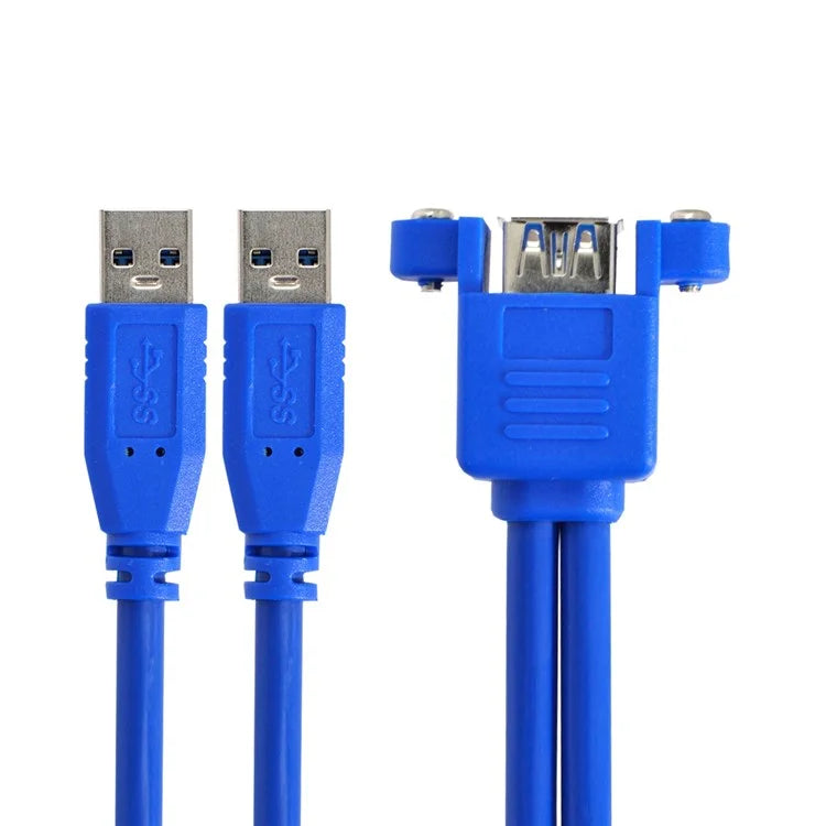 Blue USB extension cable with angled connector on a white background