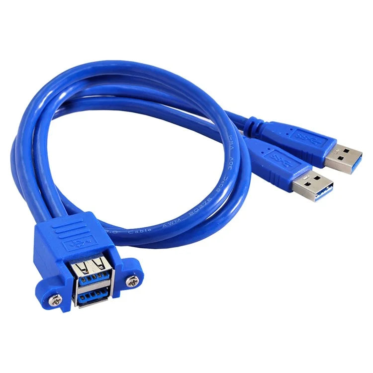 Blue USB extension cable with angled connector on a white background