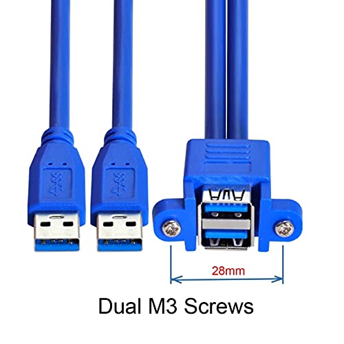 Blue USB extension cable with connectors and screws on a white background
