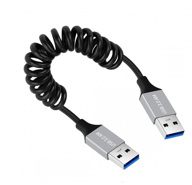 A black coiled USB 3.0 cable with Type-A connectors on both ends, and a blue accent near the connectors.