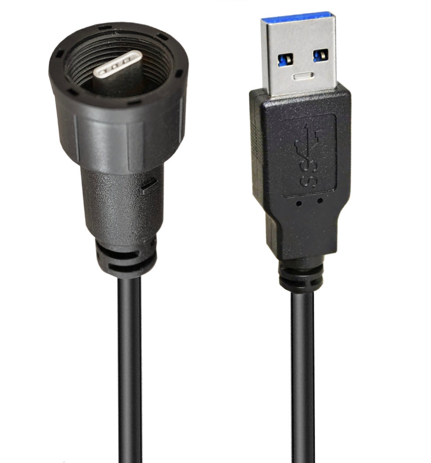 A black USB 3.0 A male to USB C waterproof cable with a PVC sheath and a black PU outer cover.
