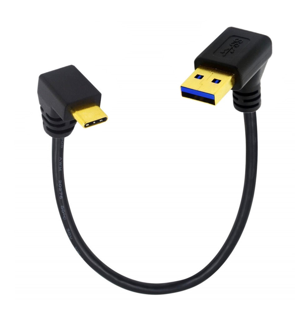The image shows a black USB 3.0 Type A up angle to USB-C data sync charging cable, with gold plated connectors, and a 0.