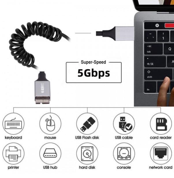 Coiled USB 3.0 Micro-B data cable