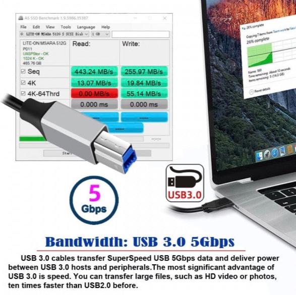 Black USB 3.0 printer cable