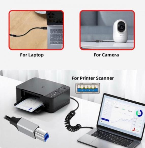 USB Type-B coiled data transfer cable