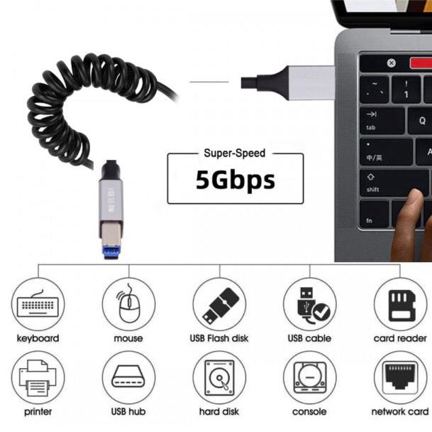Coiled USB 3.0 printer connection lead