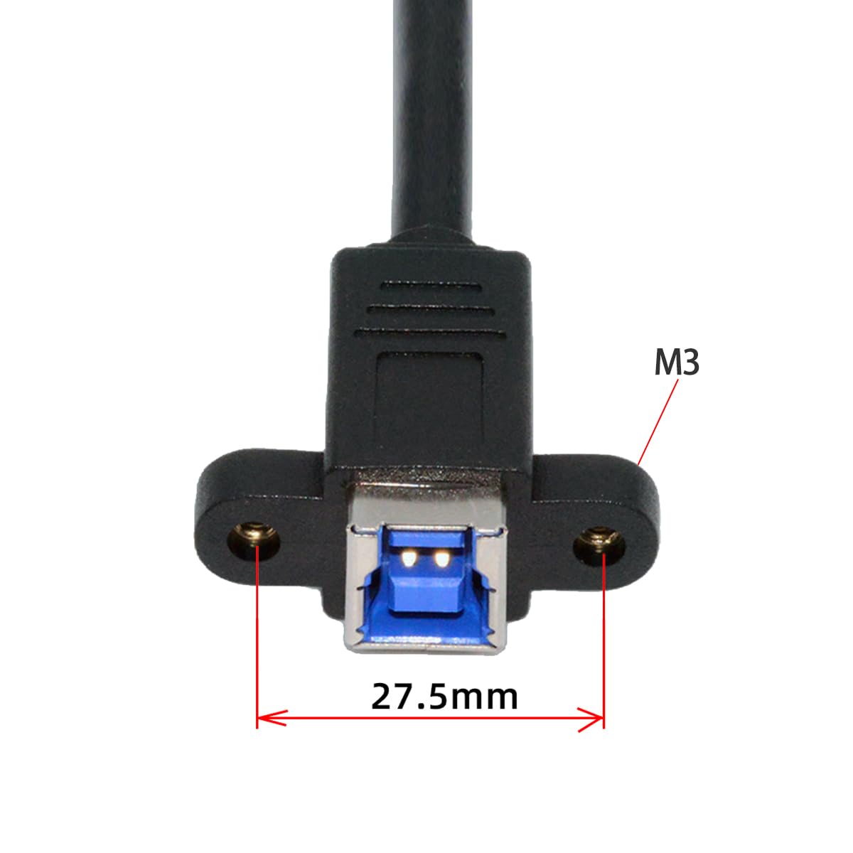 Close-up of a USB connector with dimensions labeled on a white background