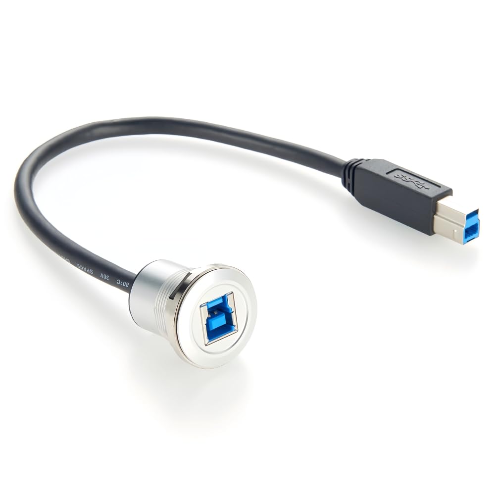 USB 3.0 Type-B female flush round panel mount socket with USB Type-B male SuperSpeed extension cable for printers