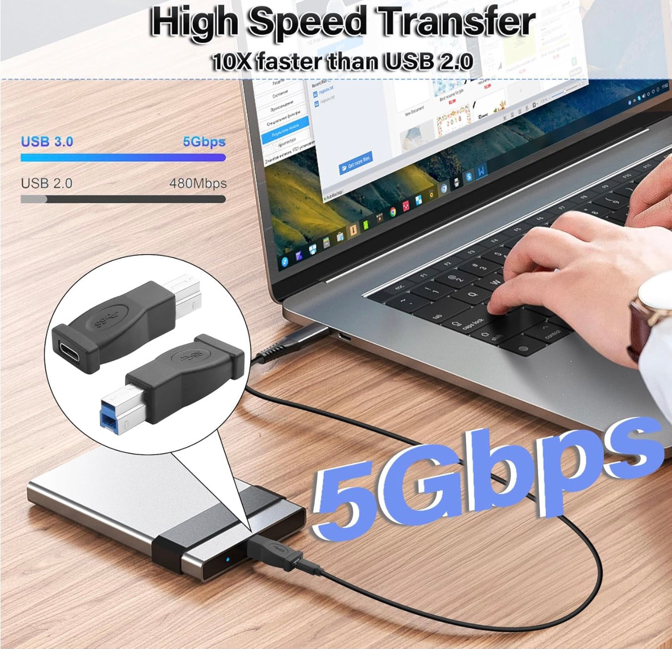 USB 3.0 Type-B male to USB-C female adapter for 5Gbps SuperSpeed data transfer