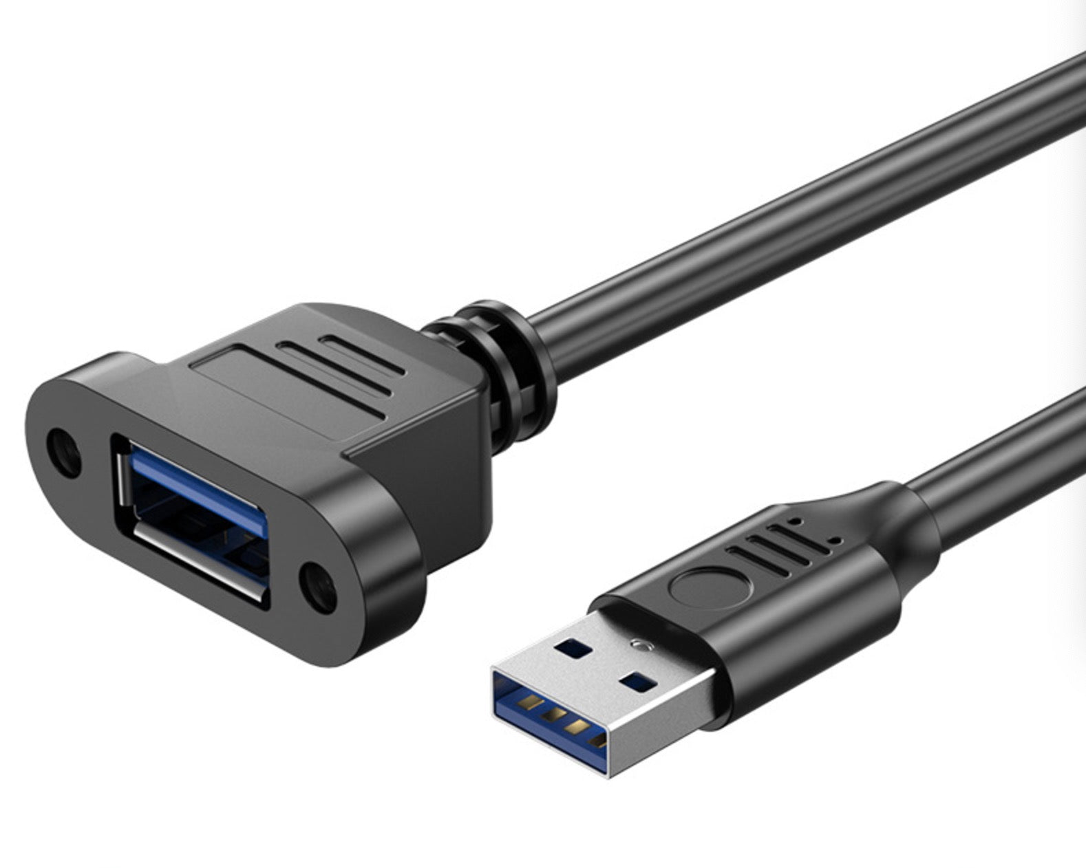 A black USB 3.0 cable with a male USB Type-A connector on one end and a female USB port on the other end.