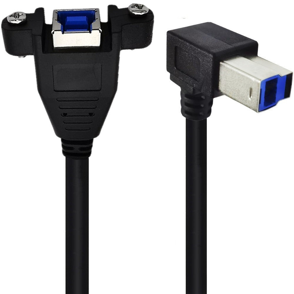 A black USB 3.0 Type B Male to USB 3.0 Type B Female extension cable with panel mount features.