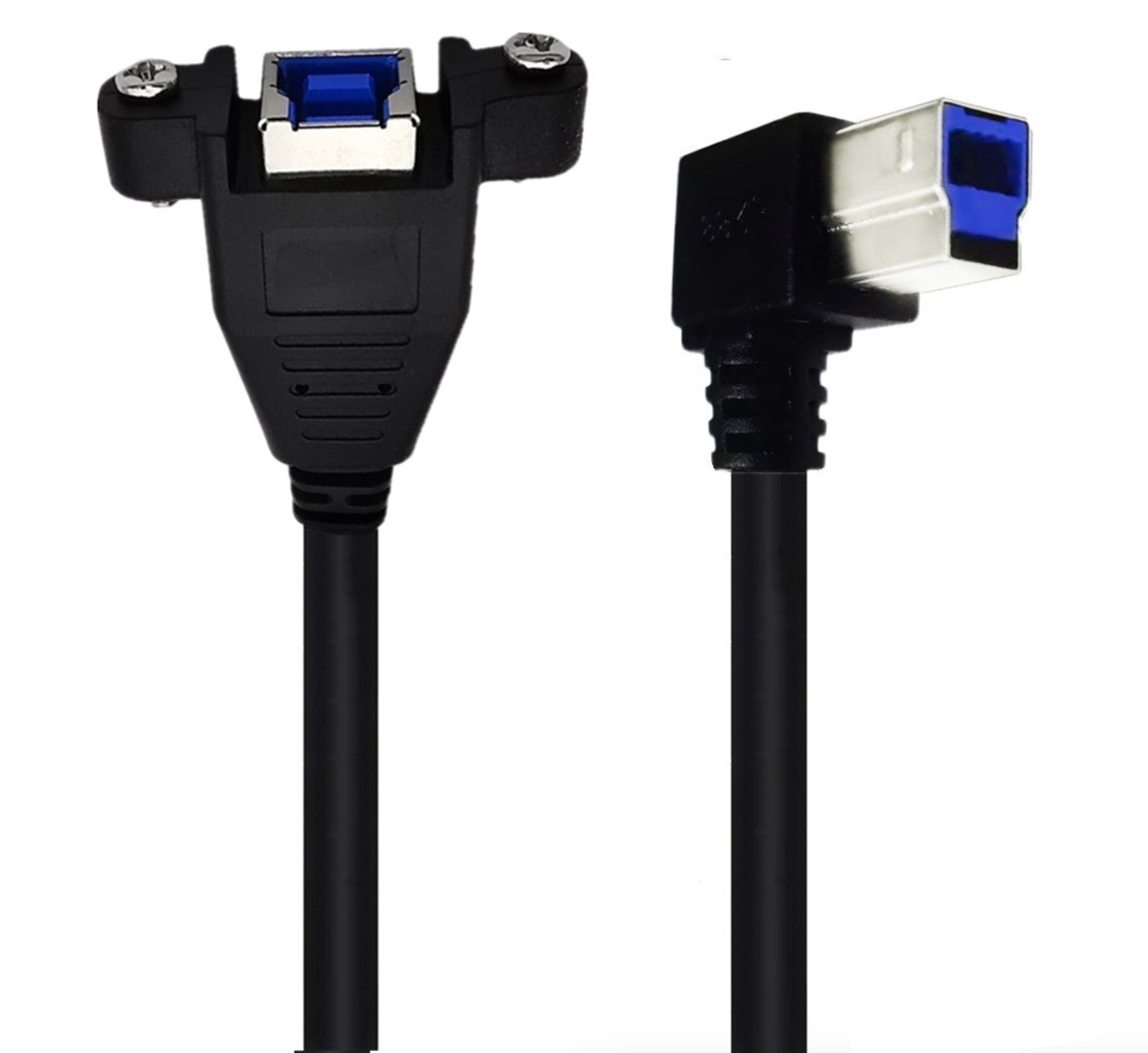 A black USB 3.0 Type B Male to USB 3.0 Type B Female extension cable with panel mount features.