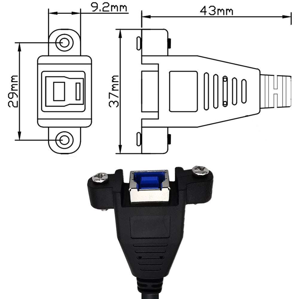 USB B female to female panel mount cable close up