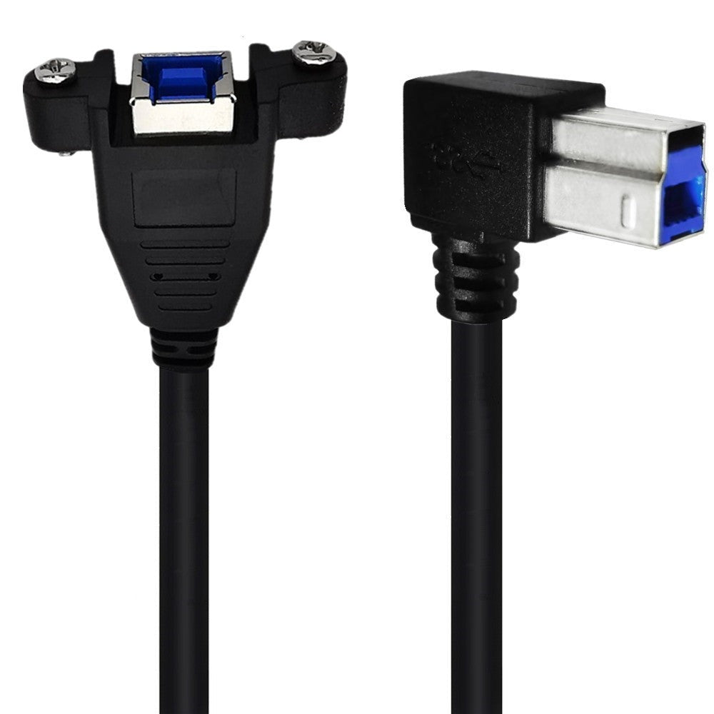 USB 3.0 Type B Male to B Female Panel Mount Extension Cable, black in color, with up angled male connector on one end and a flat female connector on the other end.