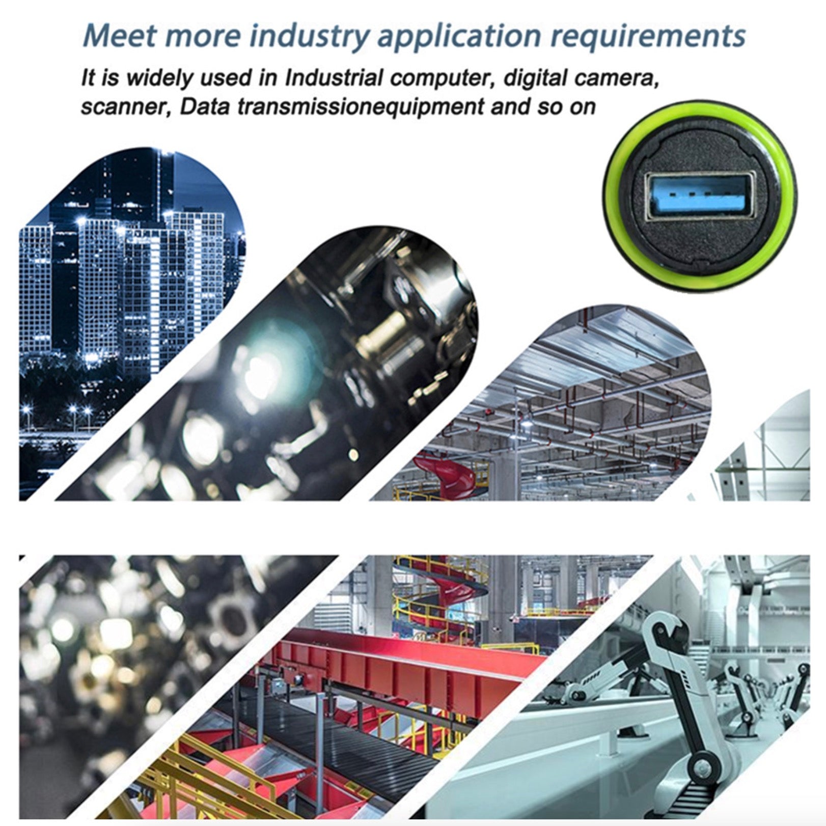 Collage of industrial equipment and applications with text on product usage.