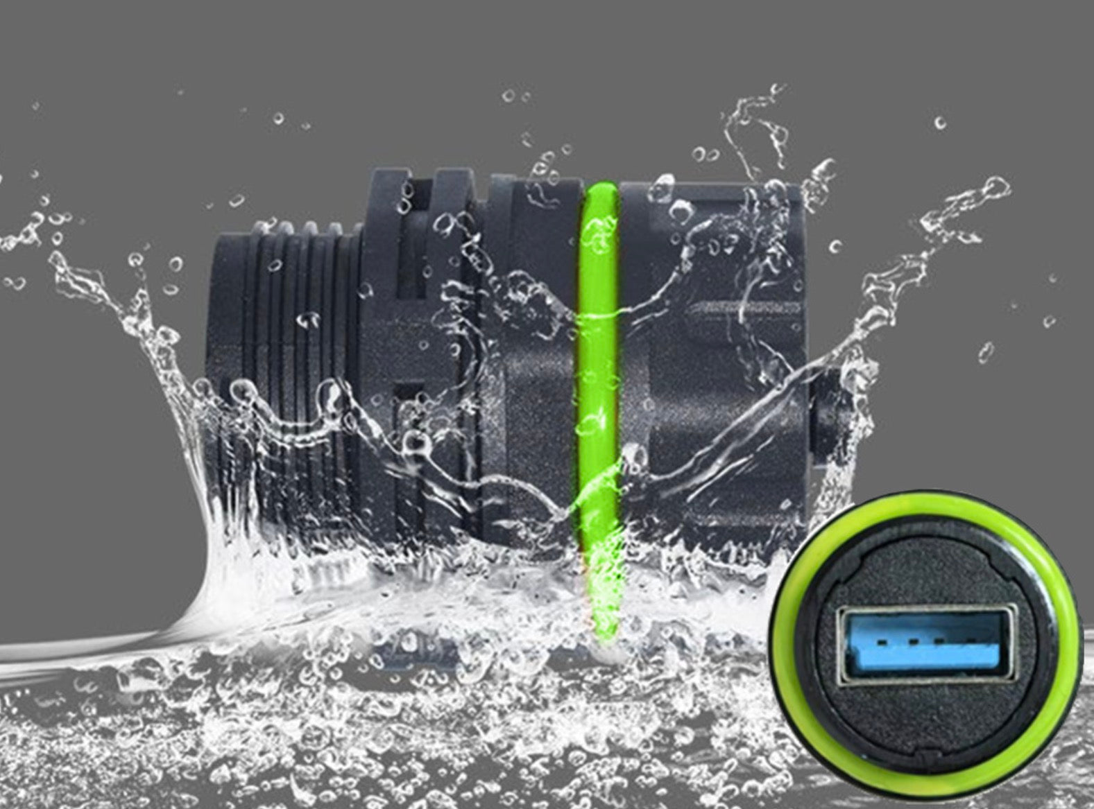 Waterproof USB connector with water splashes on a gray background.