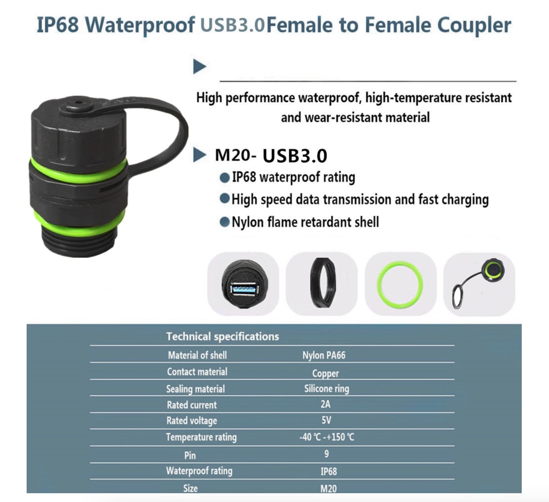 Waterproof USB3.0 Female to Female Coupler with specifications and features.