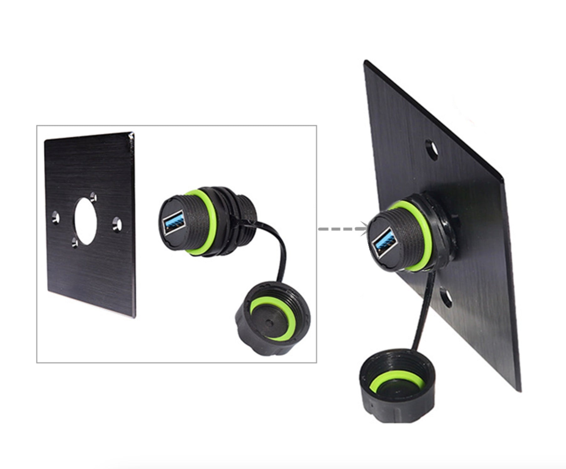 USB cable with green connectors on a black background