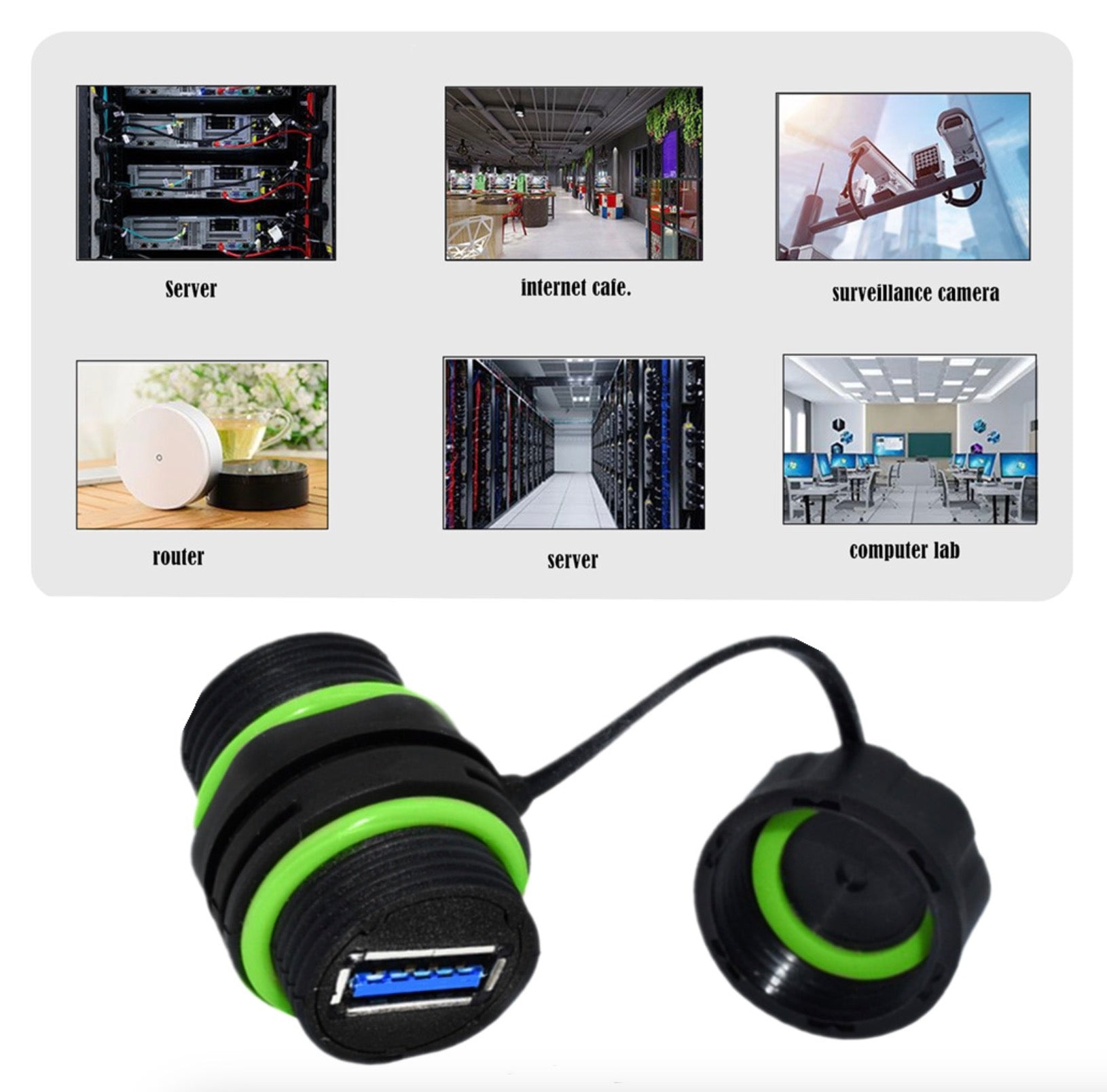 USB hub with green accents on a white background, surrounded by server and computer lab images.