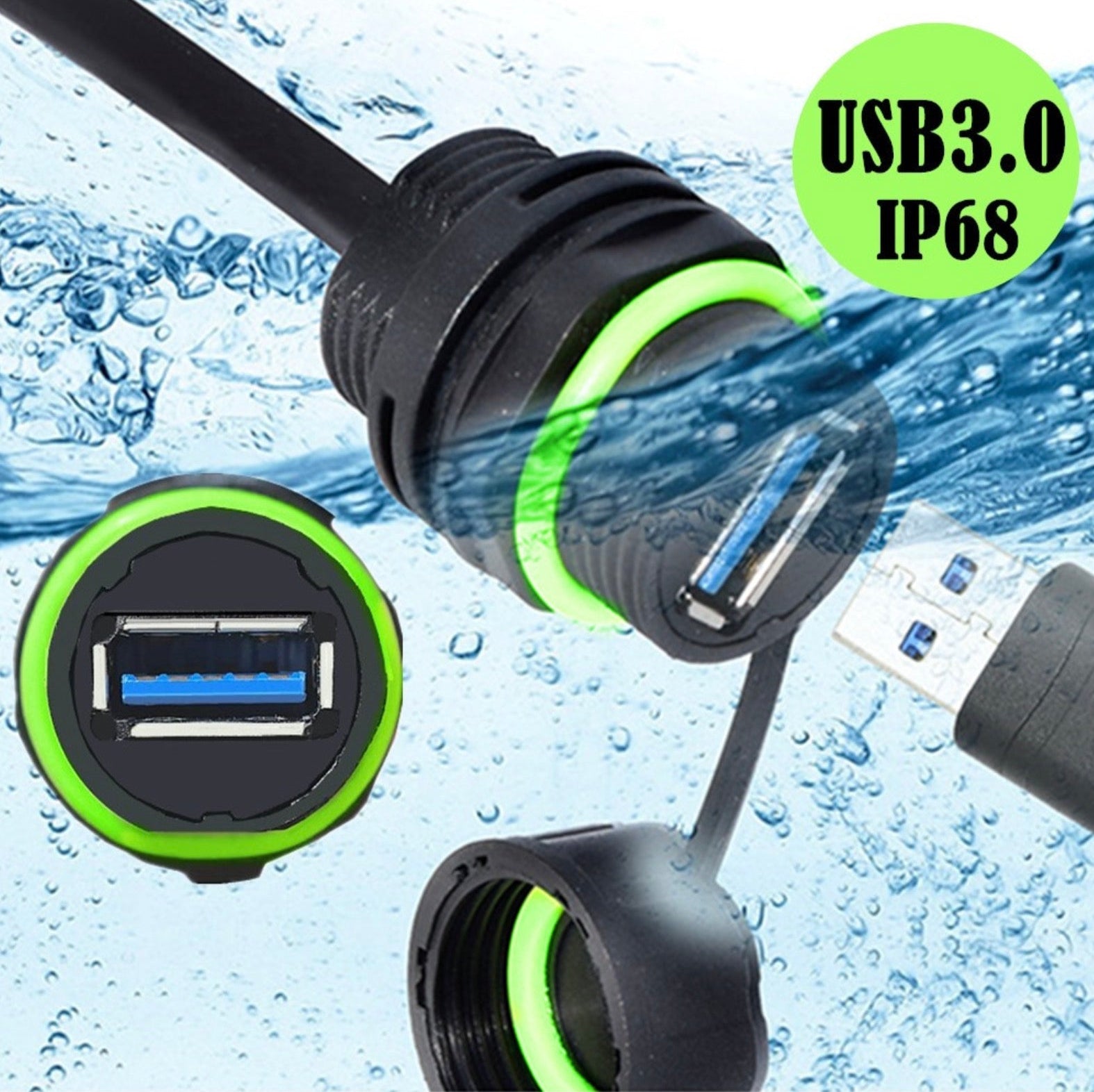 USB cable with waterproof design against a background of water droplets.